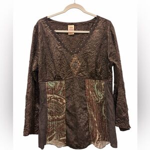Faded Glory 90’s Darkest Brown V-Neck Patchwork Blouse Size 18/20 Cowgirl Rodeo